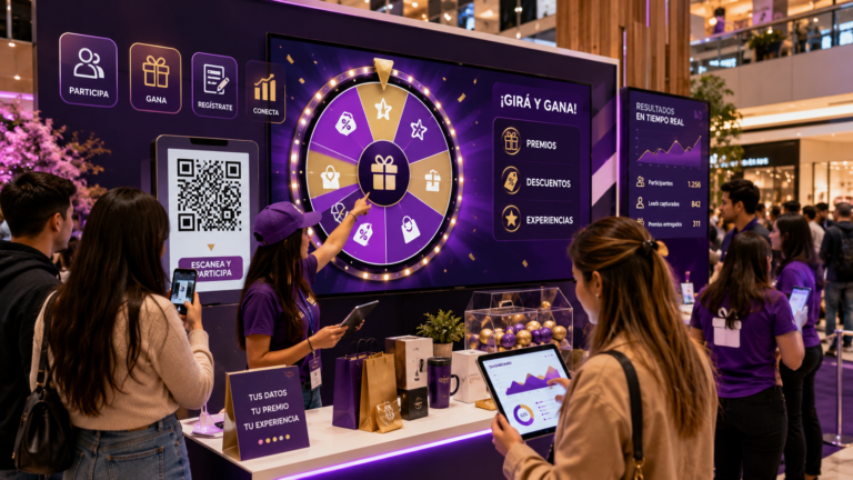 Juegos para activaciones BTL con pantalla interactiva, código QR, premios y público participando en un evento de marca.