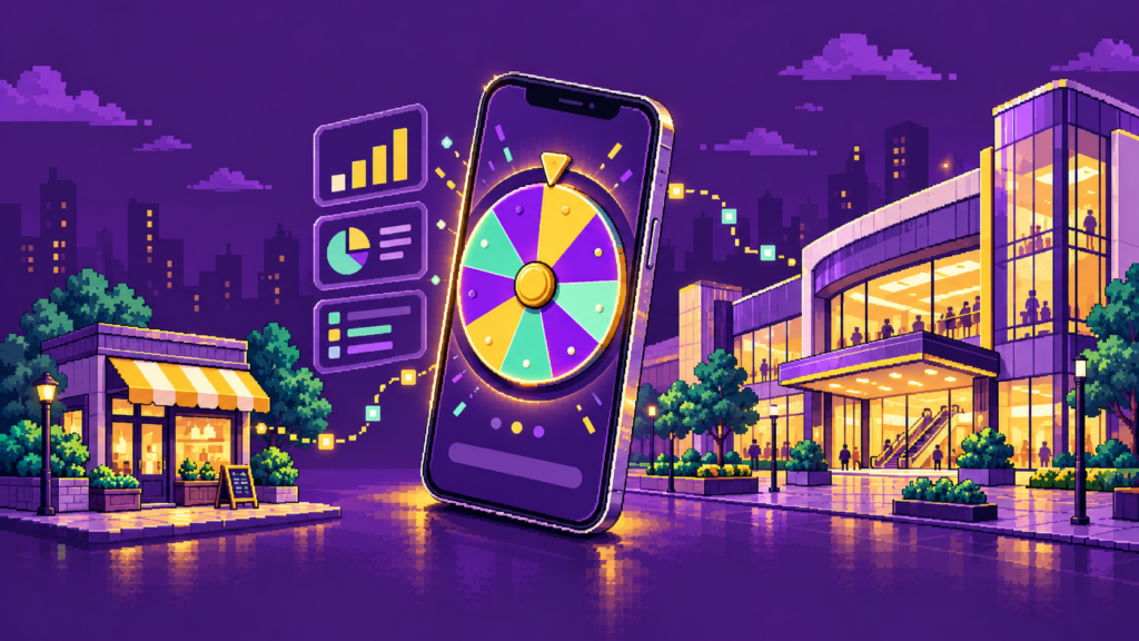 Ilustración arcade de un teléfono con ruleta digital conectado a un comercio local, un centro comercial y paneles de datos.