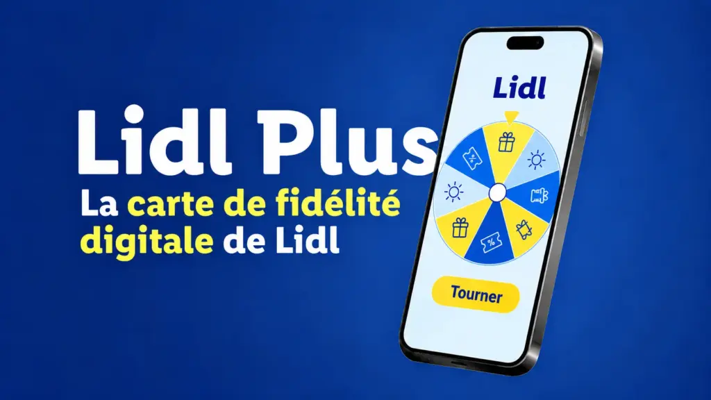Composición editorial de un teléfono con una ruleta de verano, junto al texto Lidl Plus sobre fondo azul.